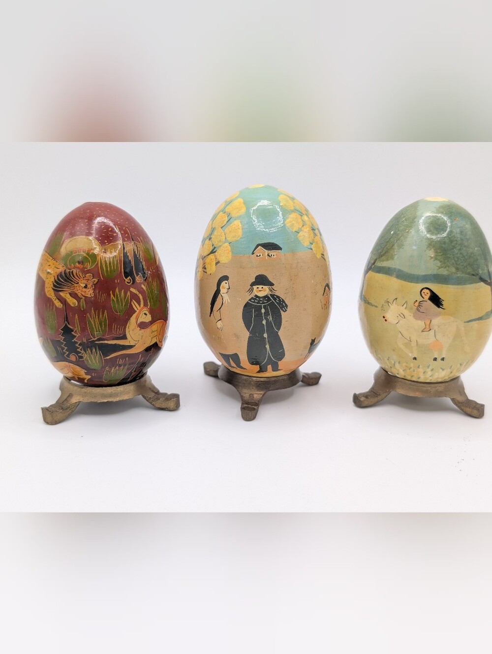 Vintage lot of 3 Hand Painted Wood Eggs With Stands Folk Art Animals People